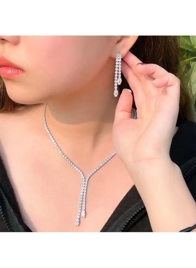 Bahels Silver Plated Zircon Stone Rhinestone Waterway Necklace Earring Set Bridal Set Party Invitation Set - Image 1